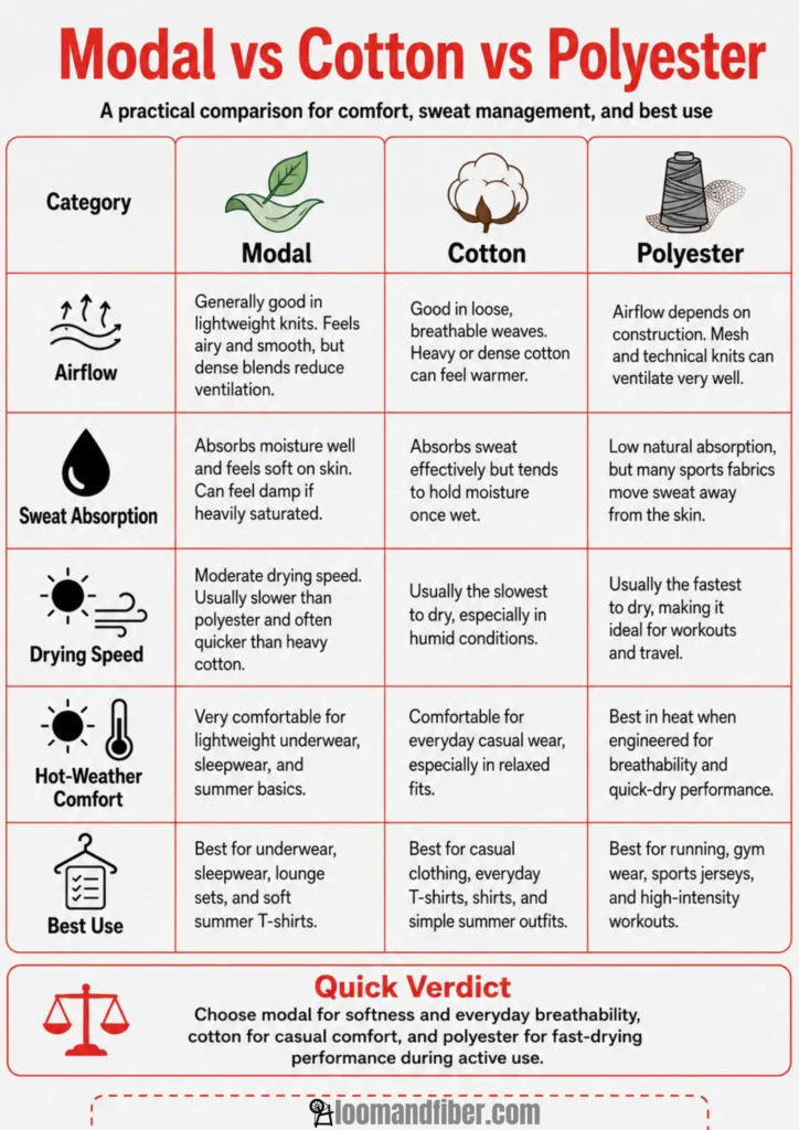 Infographic comparing modal, cotton, and polyester for airflow, absorption, drying speed, and comfort.