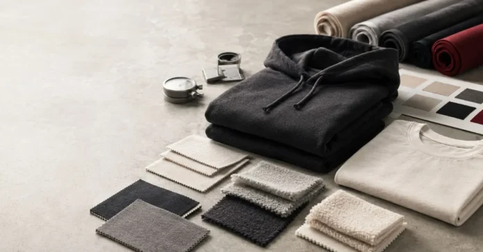 Private label clothing fabric samples beside heavyweight hoodies and a T-shirt in an apparel studio
