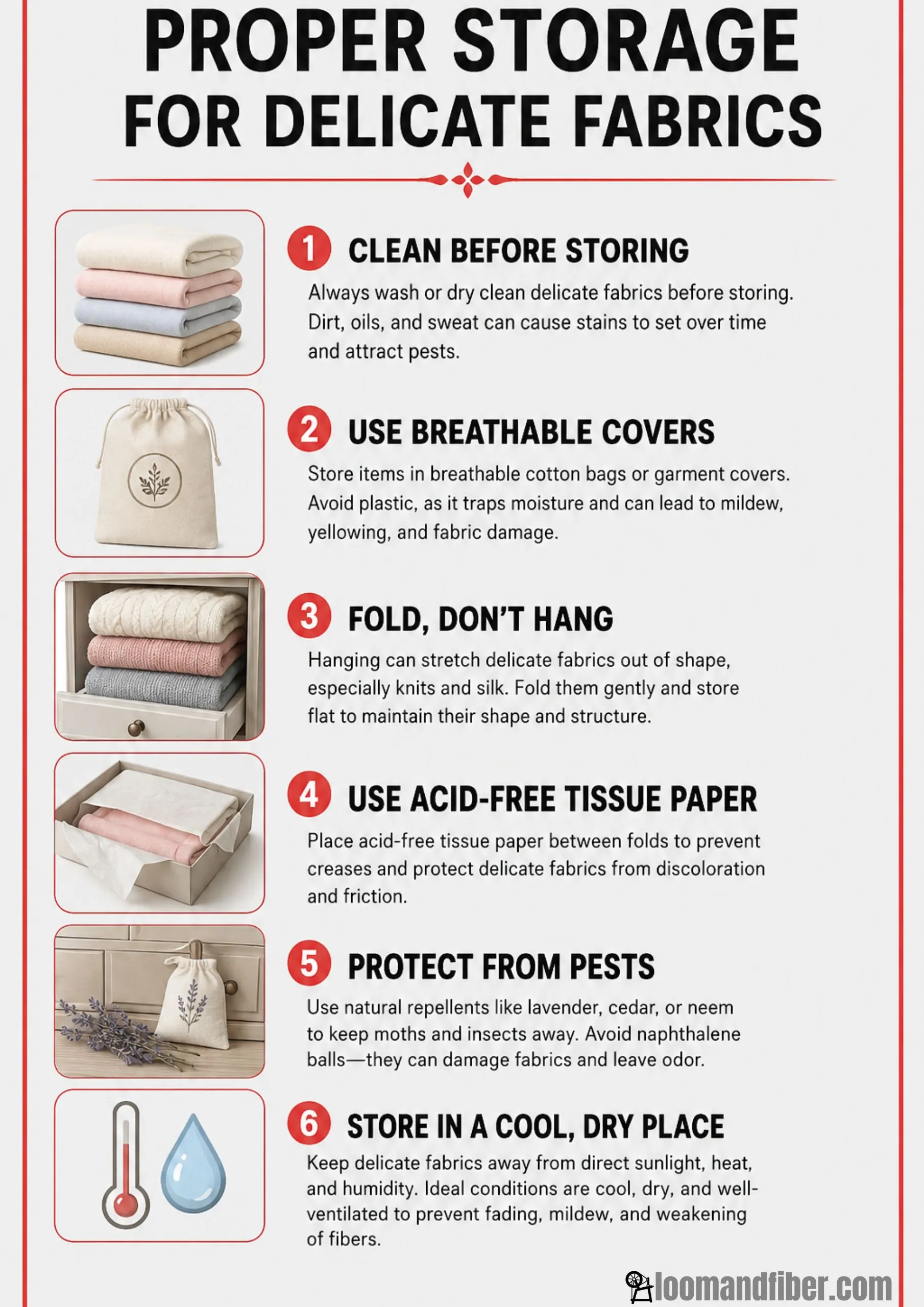 Proper storage tips for delicate fabrics infographic