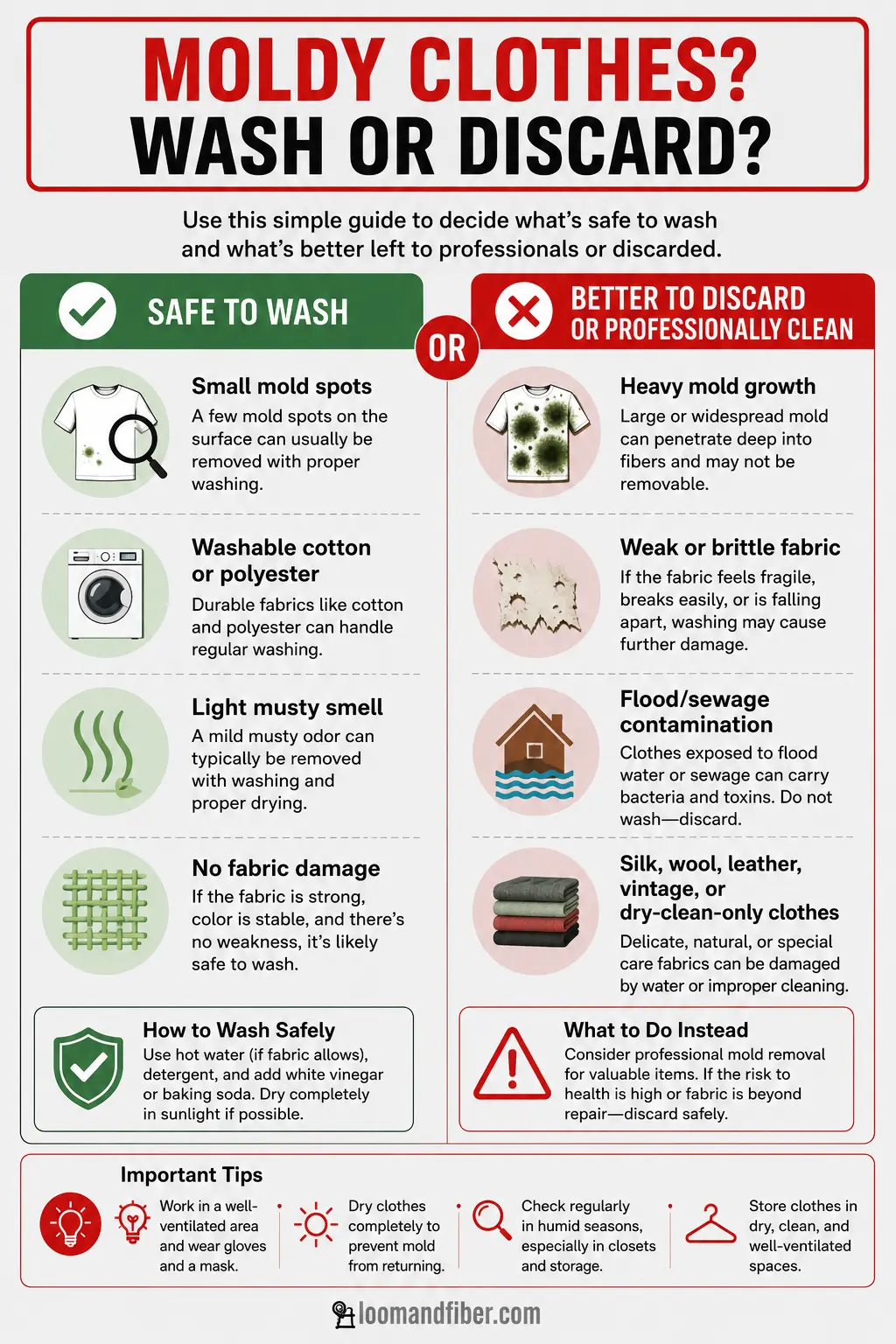 Decision infographic showing when moldy clothes are safe to wash or better to discard