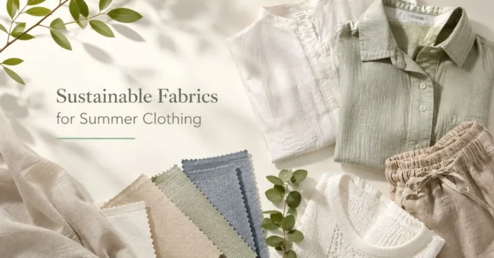 Sustainable fabrics for summer clothing with linen shirts, fabric swatches, and natural leaves