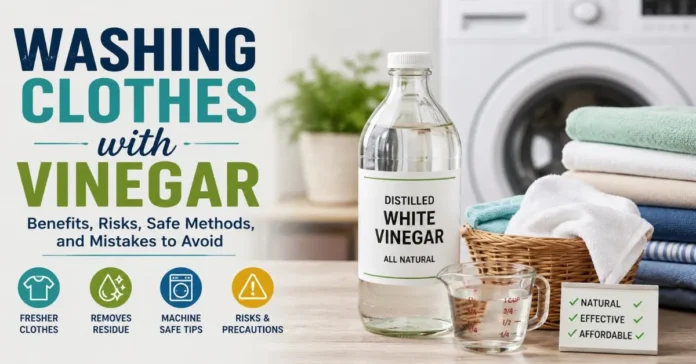 Washing clothes with vinegar guide featuring white vinegar, folded laundry, a washing machine, and safety icons.