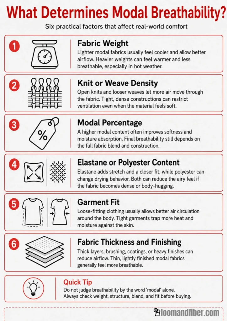 Infographic explaining six factors that influence modal fabric breathability.