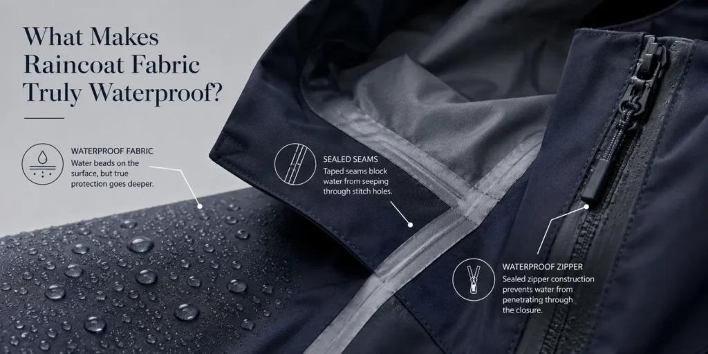 Close-up of waterproof raincoat fabric with sealed seams and zipper