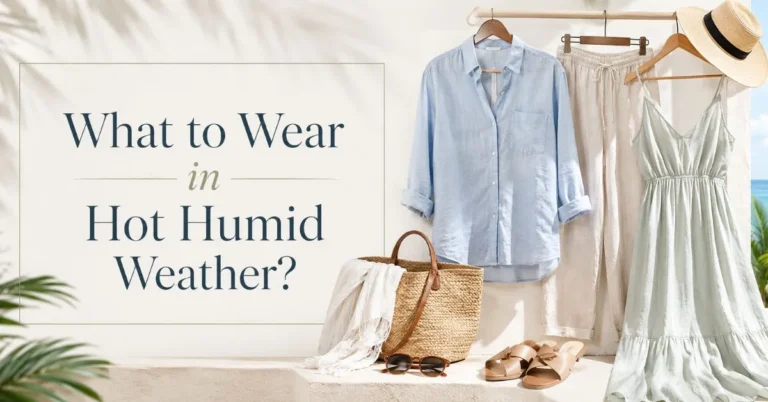Light summer outfits with linen shirt, dress, hat, sandals, and beach background