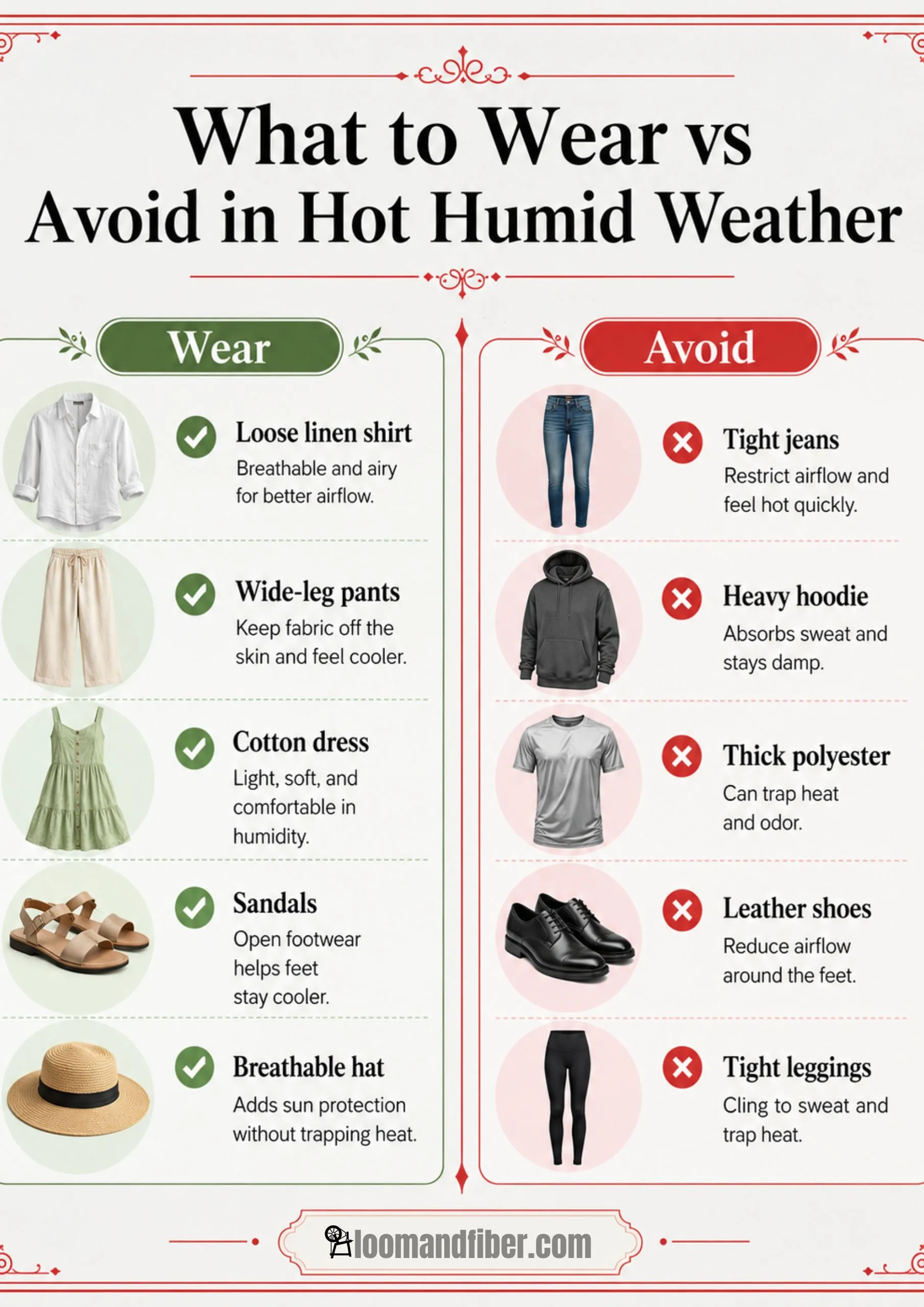 Infographic comparing what to wear and avoid in hot humid weather