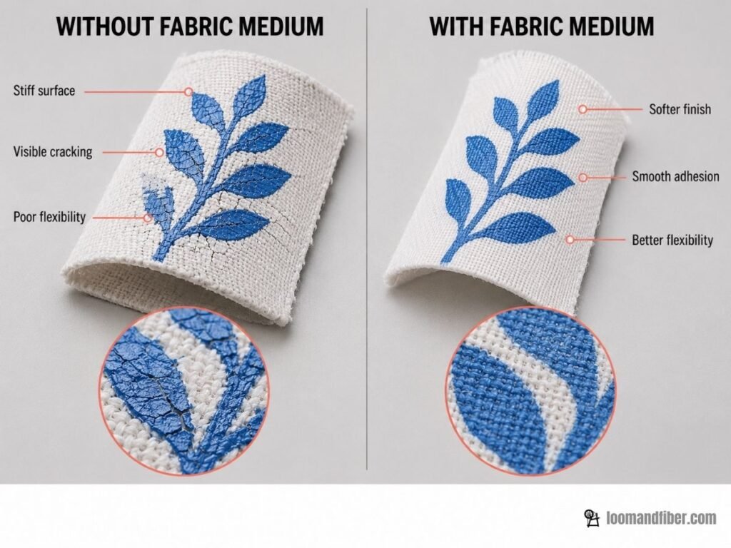 Acrylic paint on cotton with and without fabric medium, showing cracked and flexible finishes