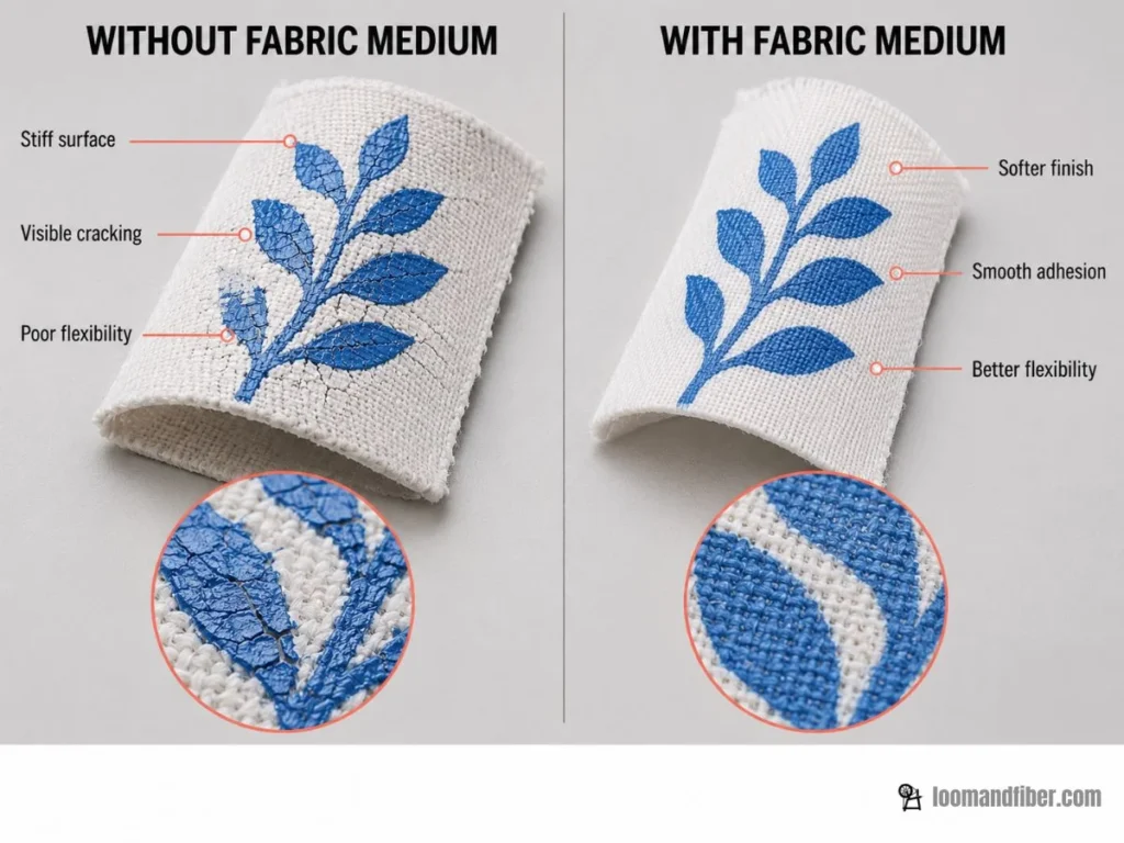 Acrylic paint on cotton with and without fabric medium, showing cracked and flexible finishes