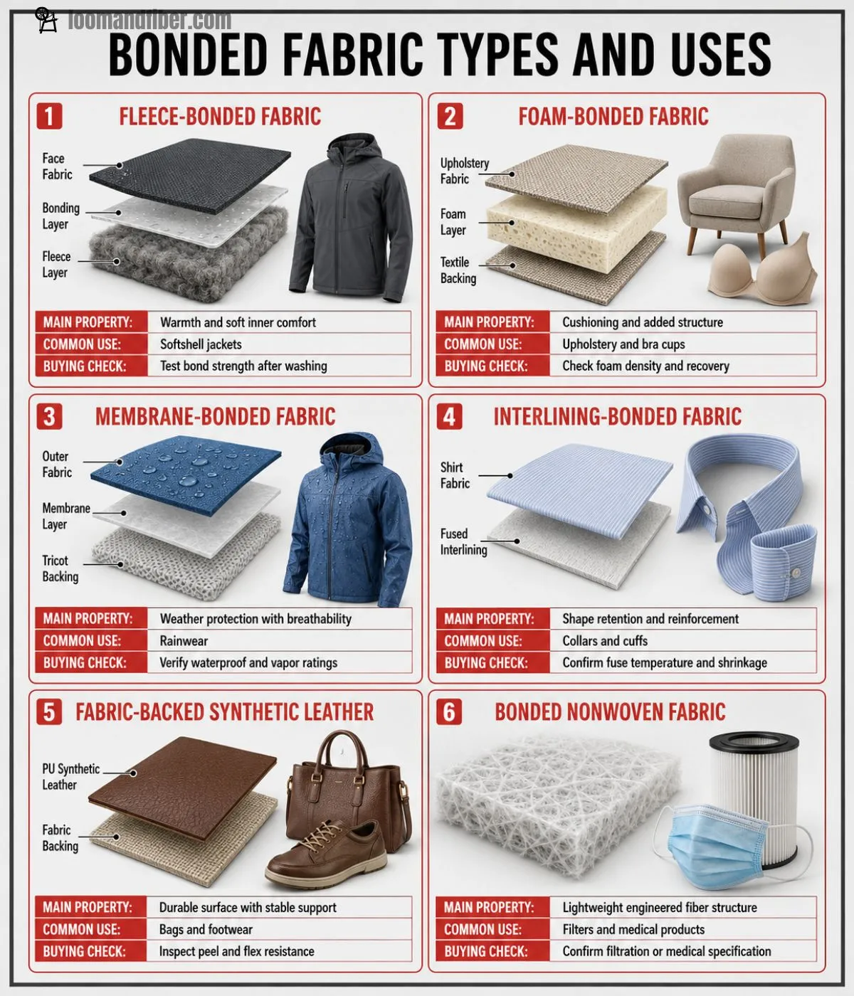 Comparison of six bonded fabric types, properties, uses and buying checks