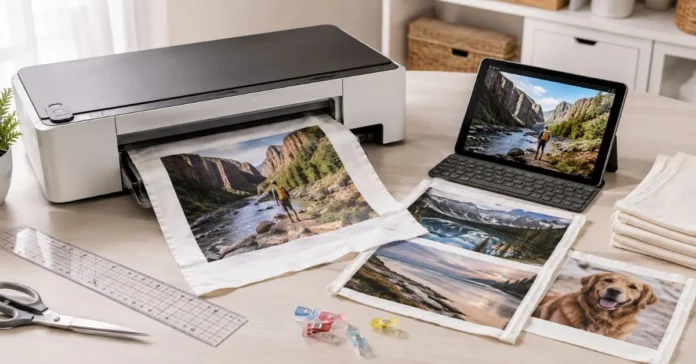 Inkjet printer producing a colorful photograph on a white fabric sheet