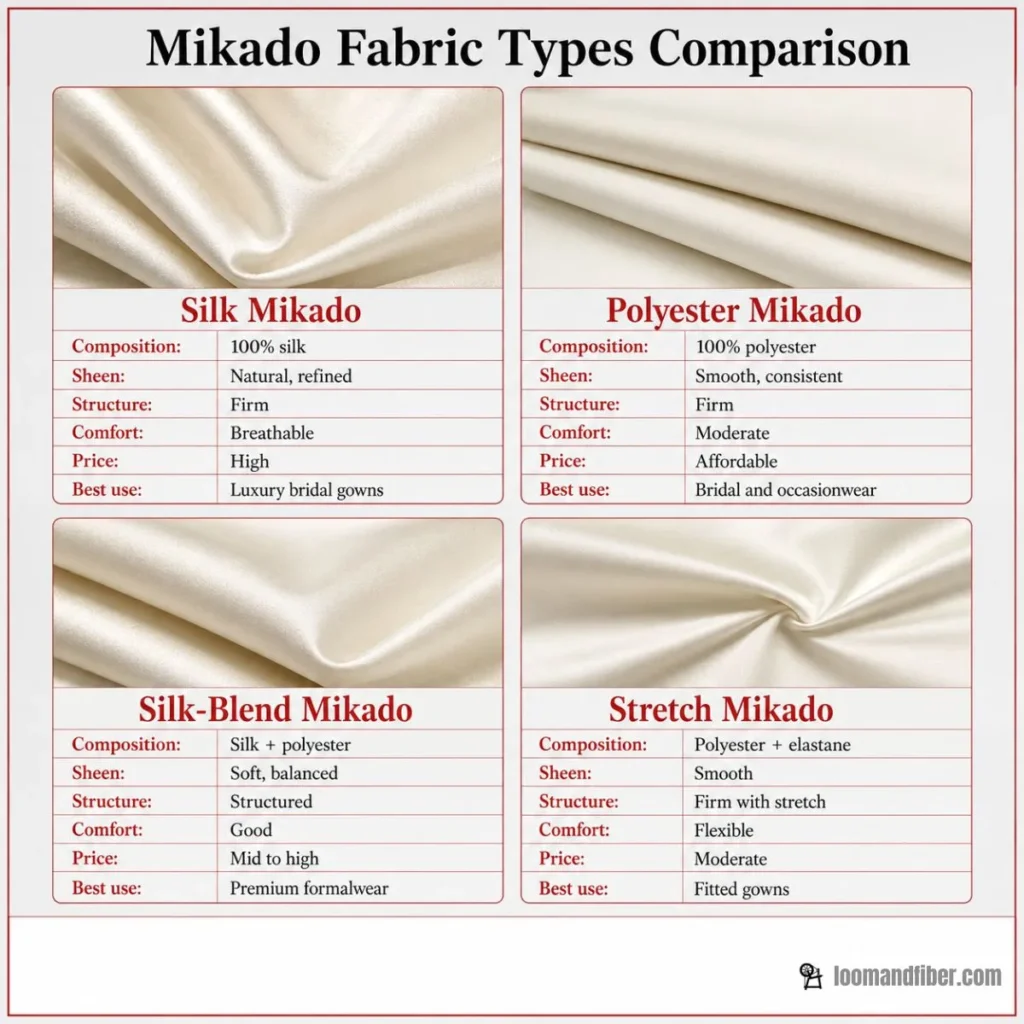 Comparison of silk, polyester, silk-blend and stretch Mikado fabrics