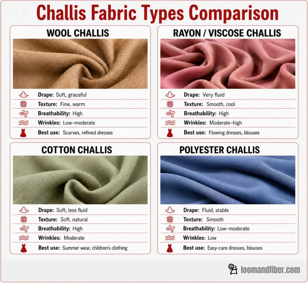 Comparison of wool, rayon, cotton, and polyester challis fabrics