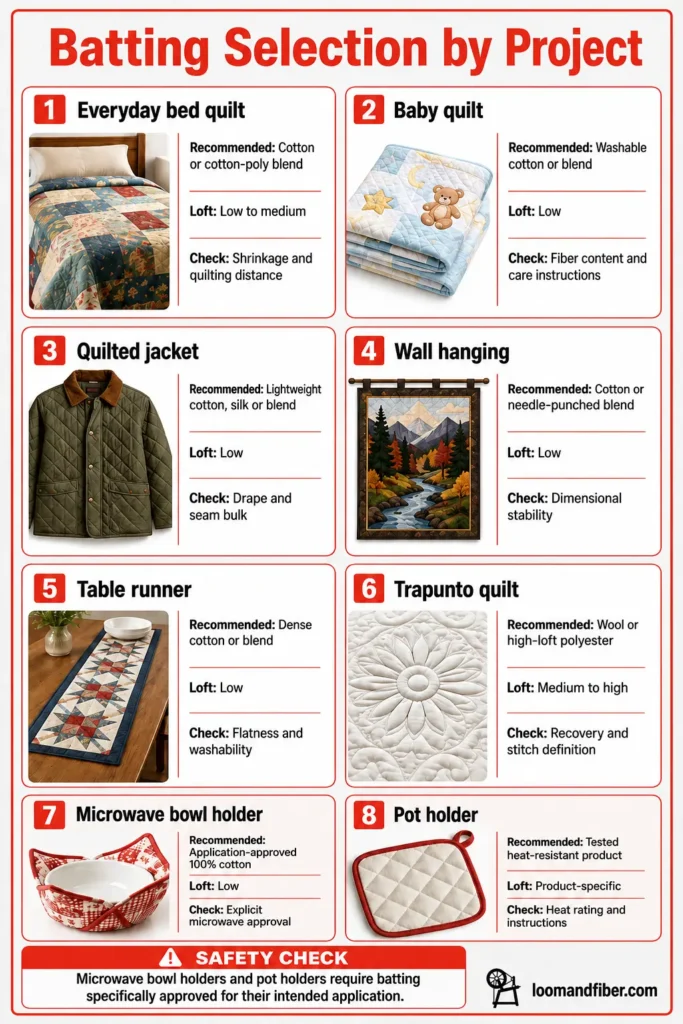 Batting selection chart for quilts, jackets, wall hangings and heat-related projects