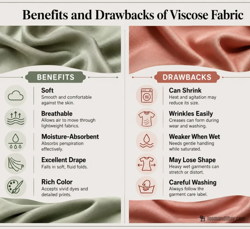 Infographic comparing the benefits and drawbacks of viscose fabric