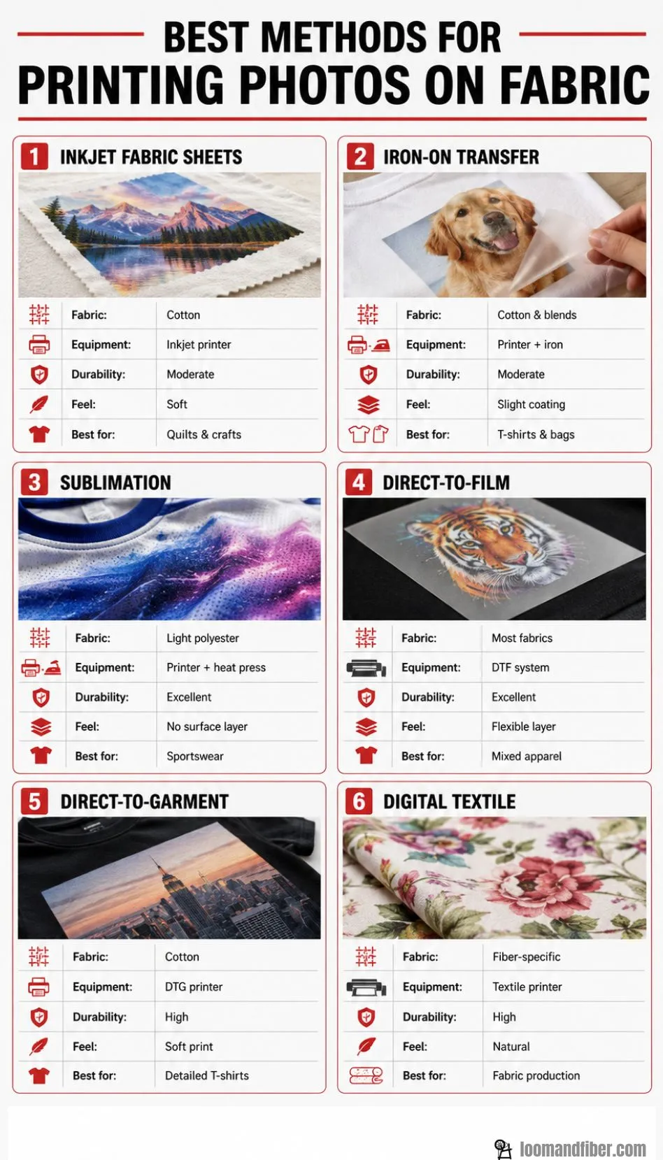 Comparison of six methods for printing photographs on fabric