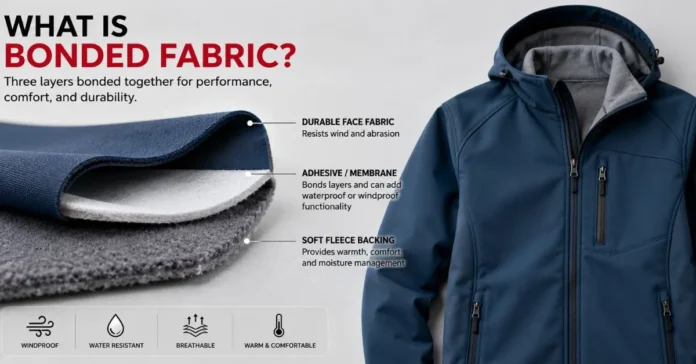 Three-layer bonded fabric cutaway beside a finished softshell jacket