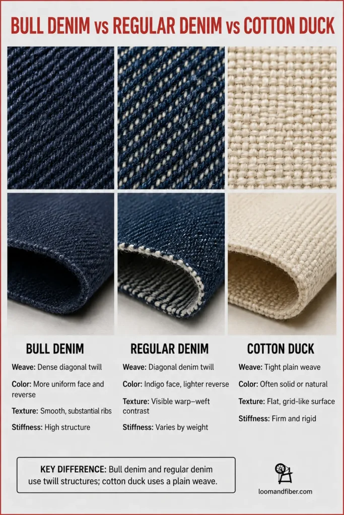 Bull denim, regular denim and cotton duck weave and texture comparison