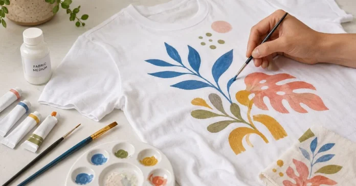 Acrylic paint being applied to a white cotton T-shirt beside paint tubes, brushes and fabric medium