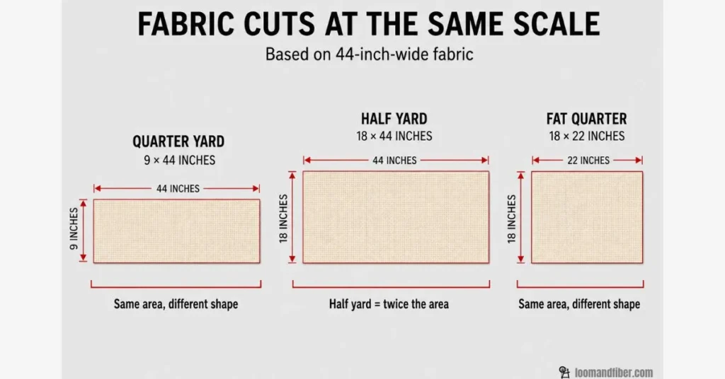 Quarter yard, half yard and fat quarter compared at the same scale using 44-inch-wide fabric