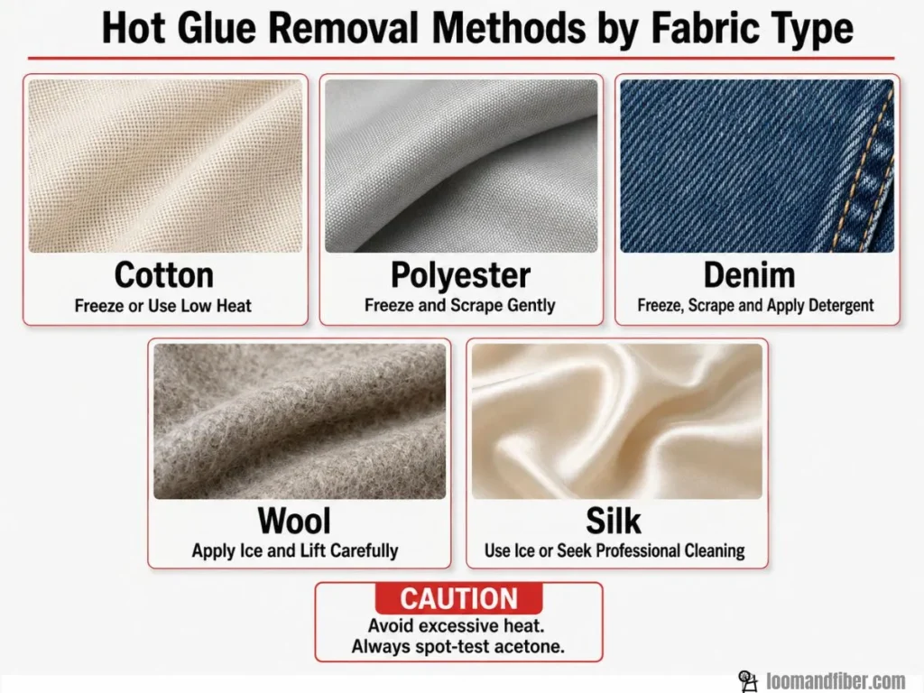 Safe hot glue removal methods for cotton, polyester, denim, wool and silk fabrics
