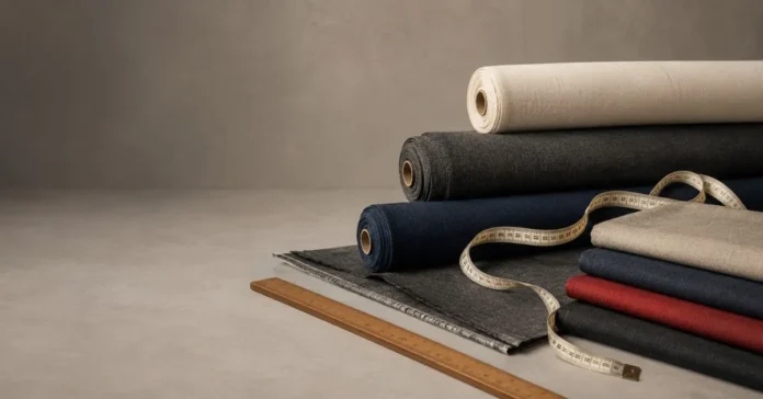 Fabric rolls, folded textiles, measuring tape and yardstick illustrating fabric sold by the yard
