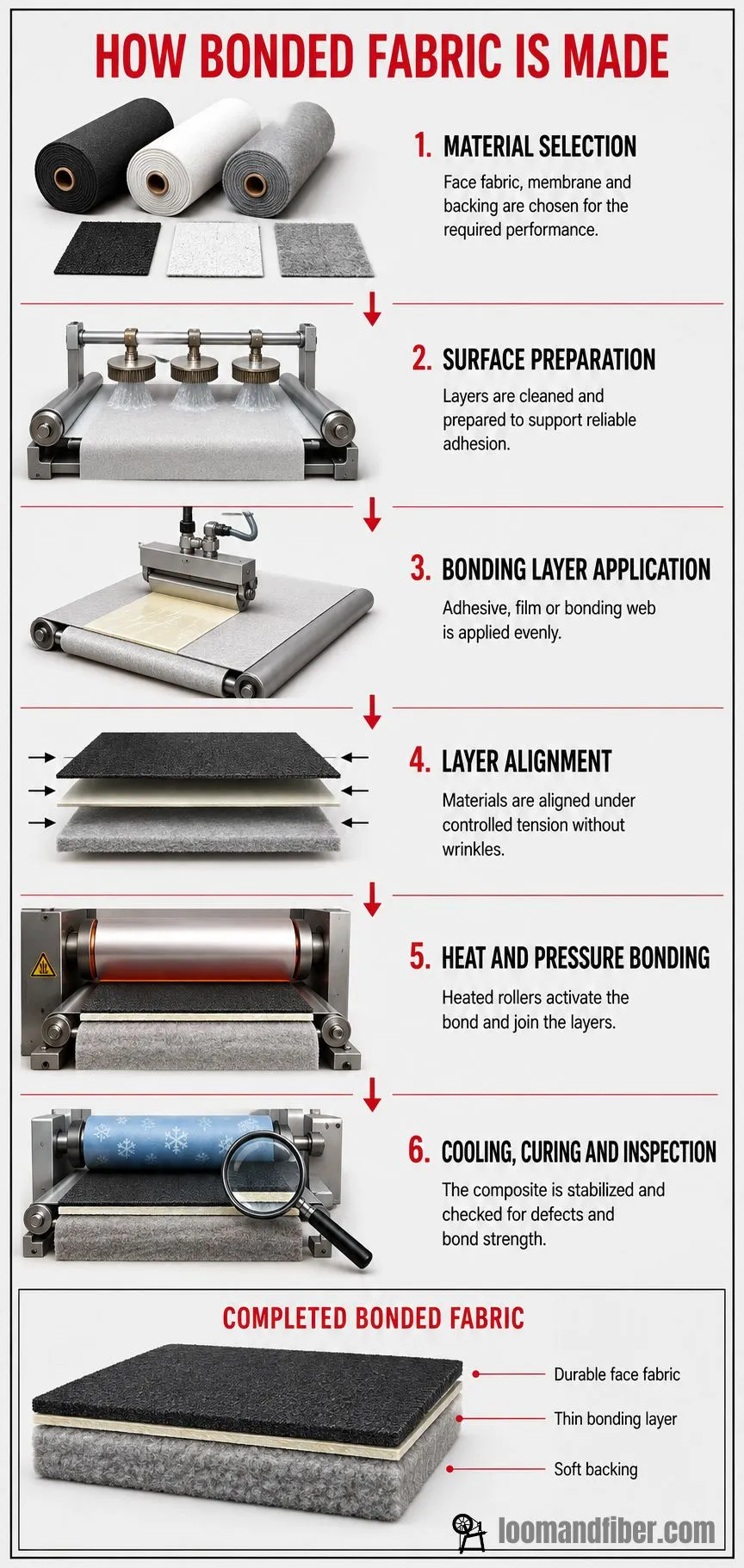 Six-step infographic showing how bonded fabric is manufactured