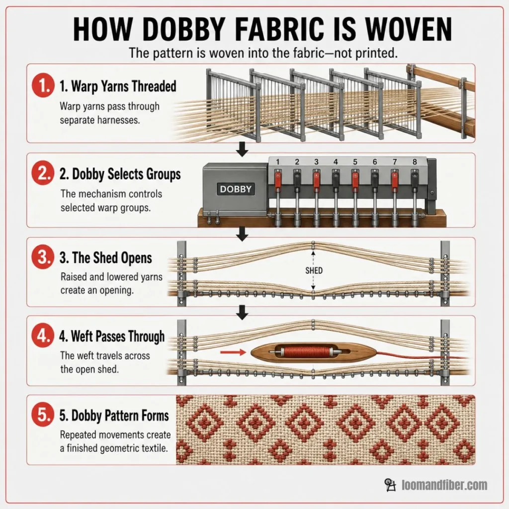 Five-step process showing how dobby fabric is woven on a loom