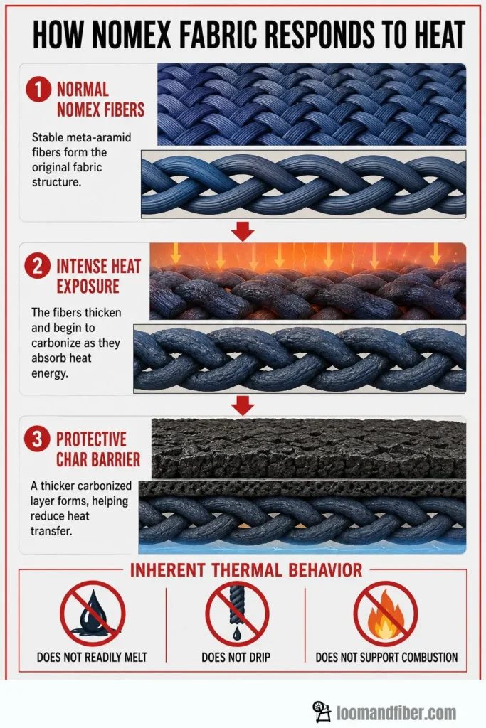 Diagram showing Nomex fibers thickening and forming a protective char barrier under heat