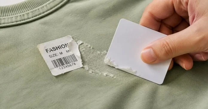 and removing sticker residue from a cotton garment using a plastic card