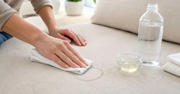 Person blotting a water stain on a light fabric sofa with a white microfiber cloth