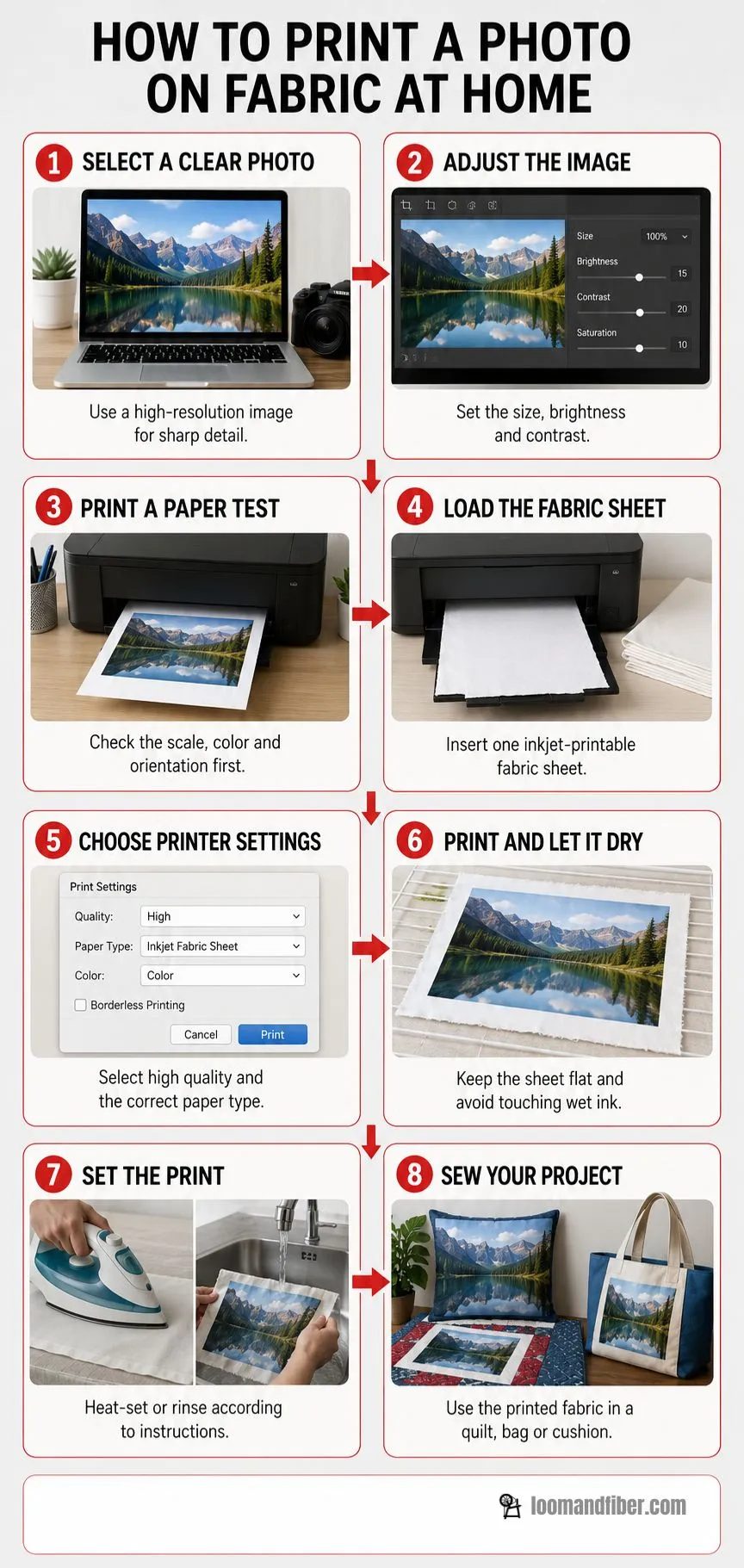 Eight steps for printing a photograph on fabric at home
