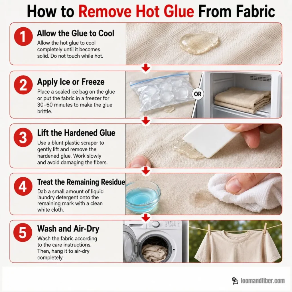 Five-step process showing how to cool, freeze, lift, treat and wash hot glue from fabric