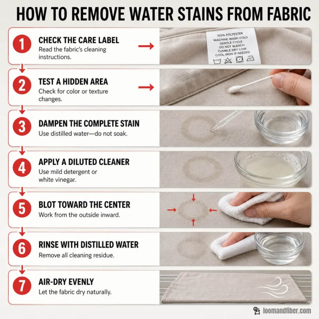 Seven-step process for safely removing water stains from fabric
