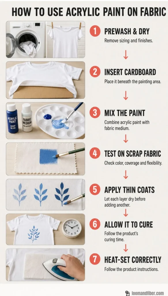Seven steps for using acrylic paint on fabric, from prewashing to heat-setting