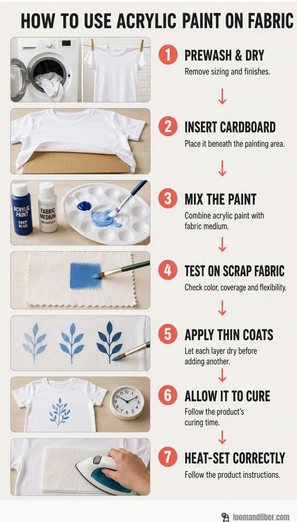 Seven steps for using acrylic paint on fabric, from prewashing to heat-setting