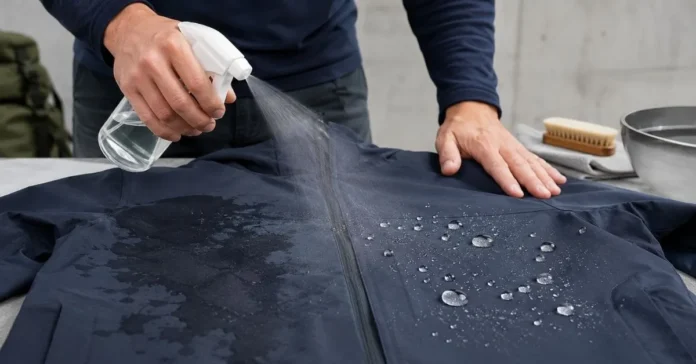 Waterproofing spray applied to a blue outdoor jacket as water beads on the treated fabric