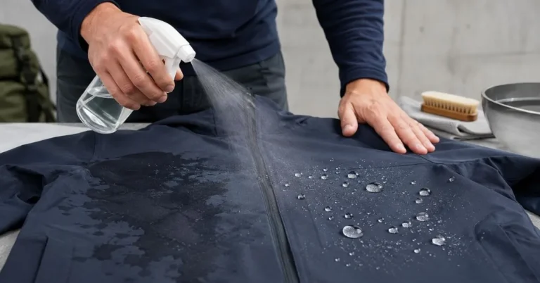 Waterproofing spray applied to a blue outdoor jacket as water beads on the treated fabric