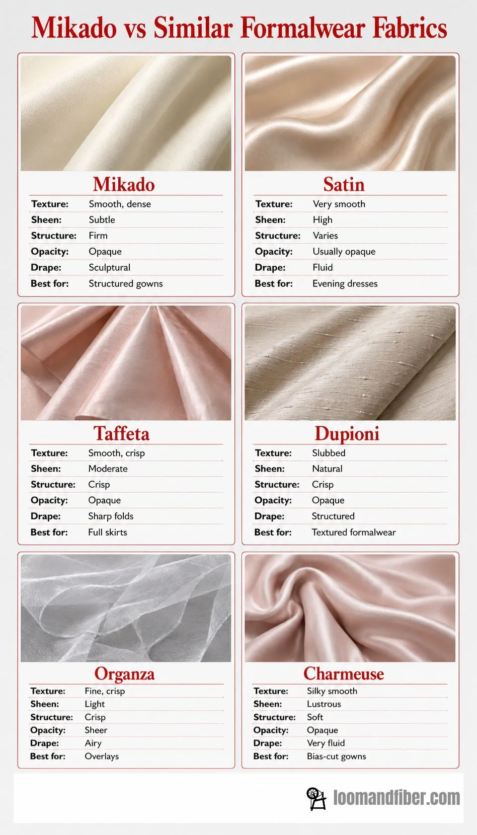 Mikado compared with satin, taffeta, dupioni, organza and charmeuse