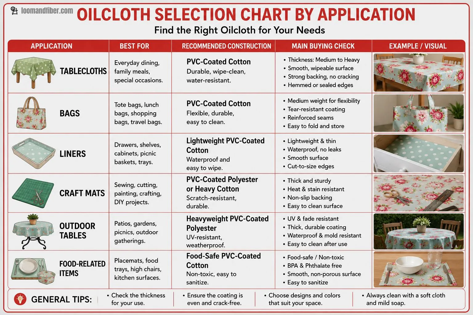 Oilcloth selection chart for tablecloths, bags, liners, craft mats, outdoor tables, and food items