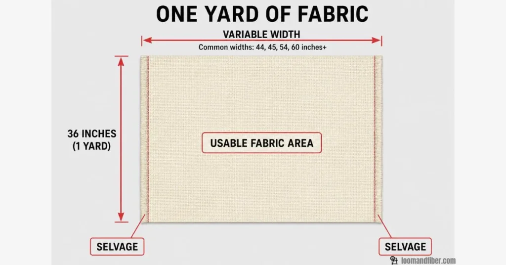 One-yard fabric cut showing a 36-inch length, variable width, usable area and selvage edges