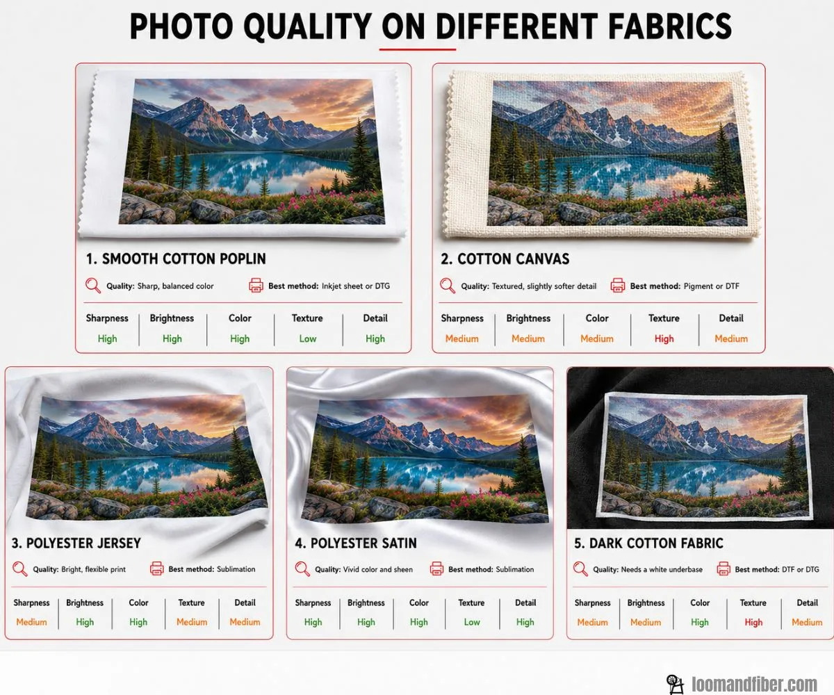 The same photograph printed on five different fabric types