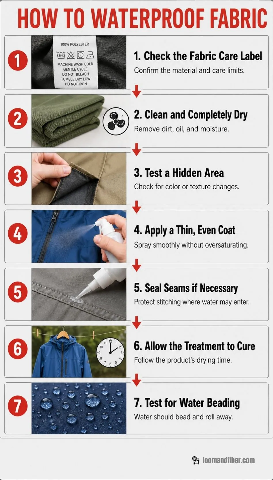 Seven-step infographic explaining how to waterproof fabric safely and test for water beading