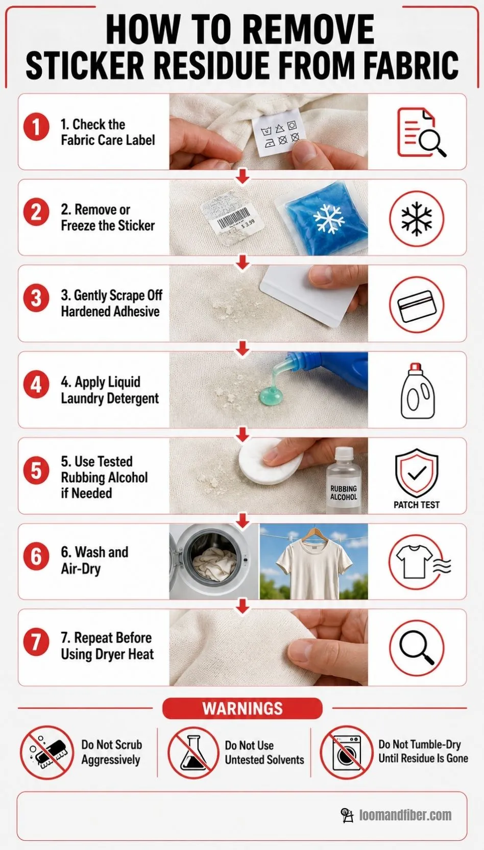 Seven-step process for safely removing sticker residue from fabric