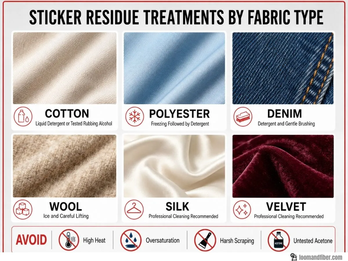 Sticker residue treatments for cotton, polyester, denim, wool, silk, and velvet