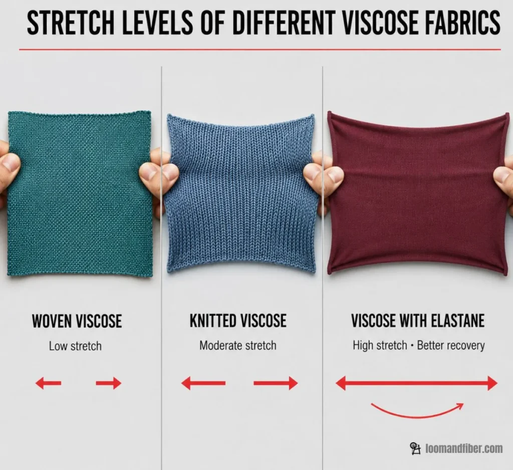 Infographic comparing the stretch of woven, knitted and elastane-blended viscose fabrics
