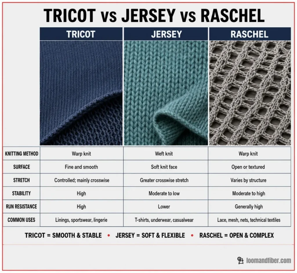 Tricot, jersey and raschel knit structures compared