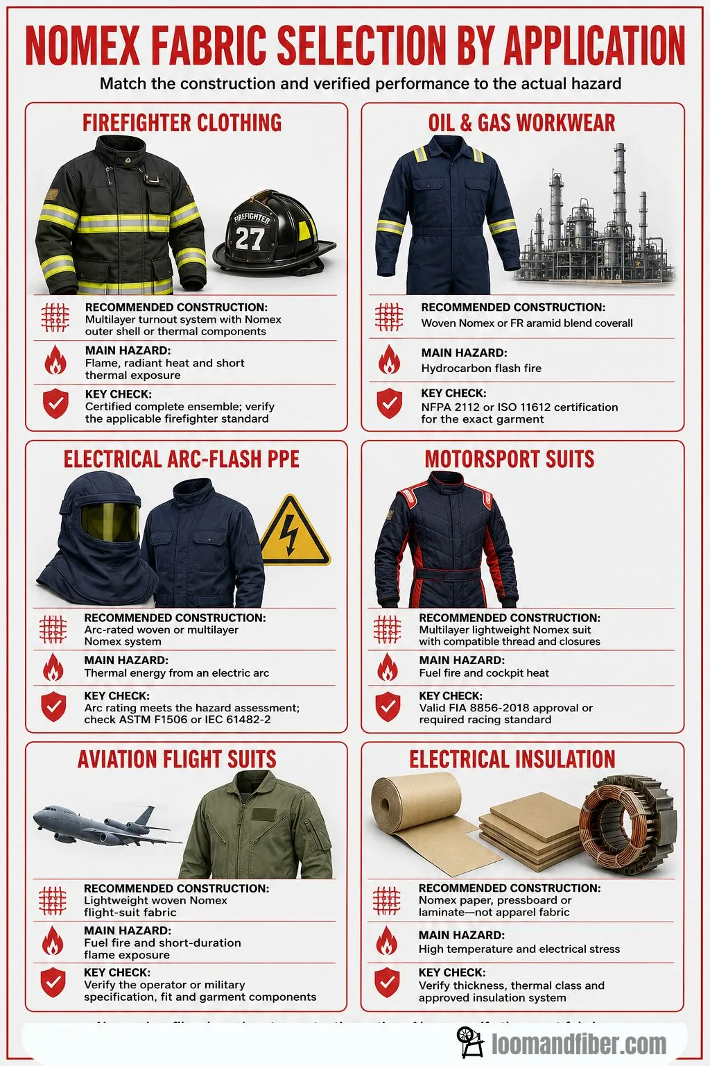 Nomex selection chart for firefighting, industrial, arc-flash, motorsport, aviation and insulation uses
