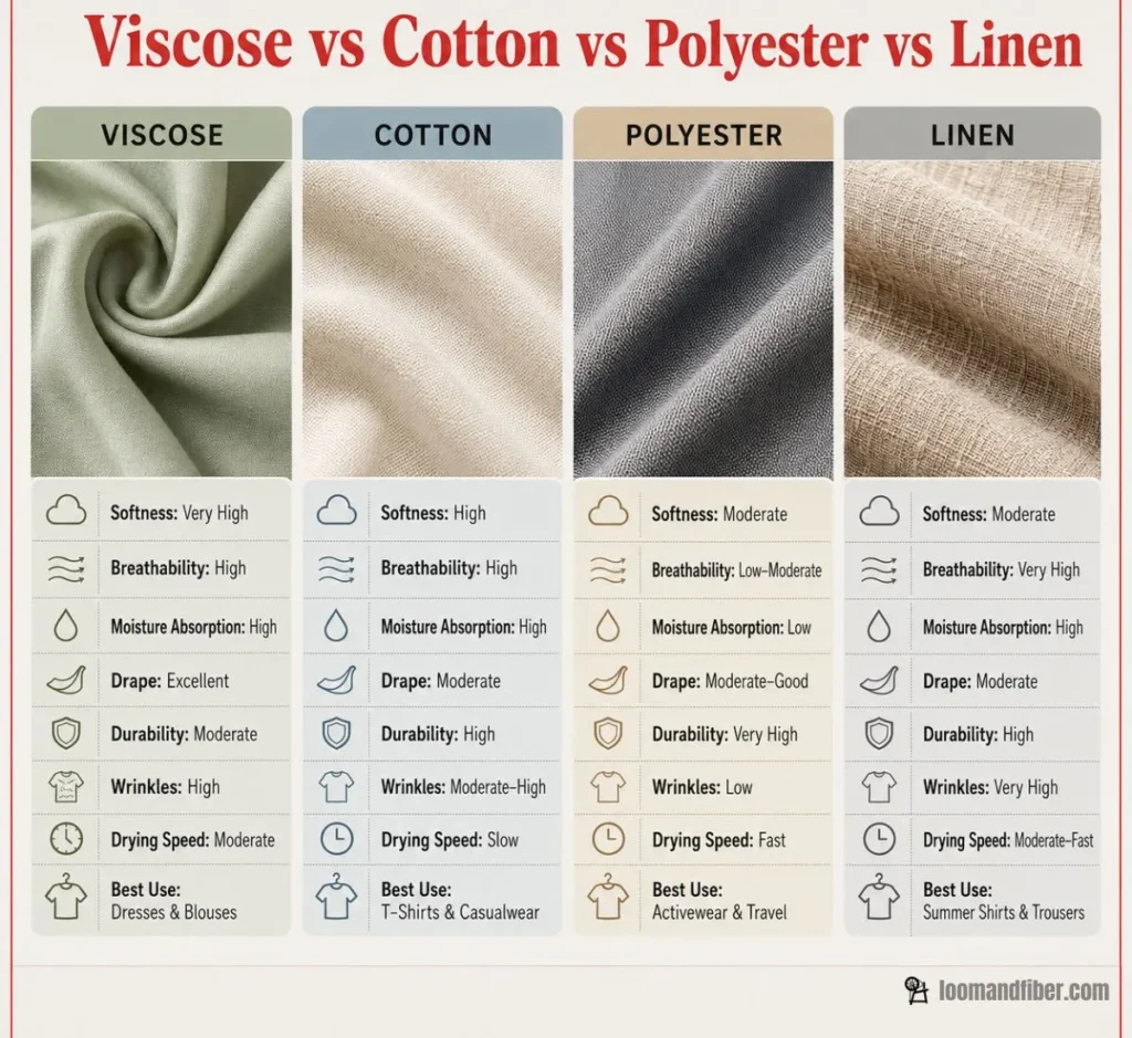 Viscose, cotton, polyester and linen fabric comparison infographic