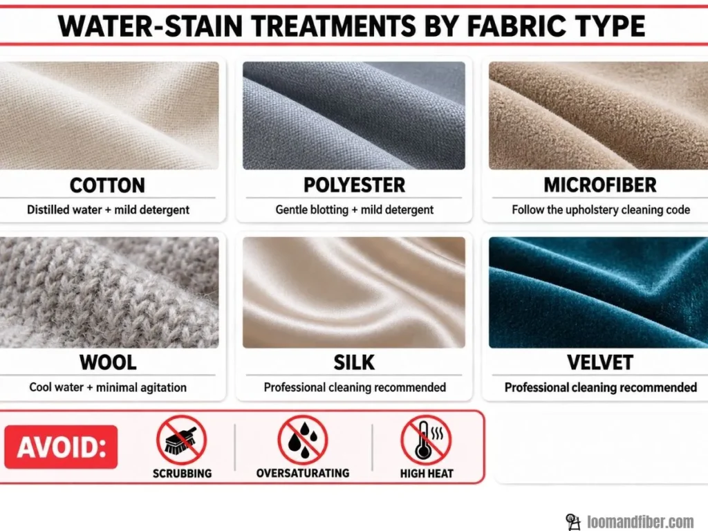 Safe water-stain treatments for cotton, polyester, microfiber, wool, silk and velvet