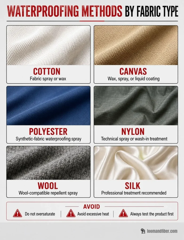 Waterproofing methods for cotton, canvas, polyester, nylon, wool, and silk fabrics